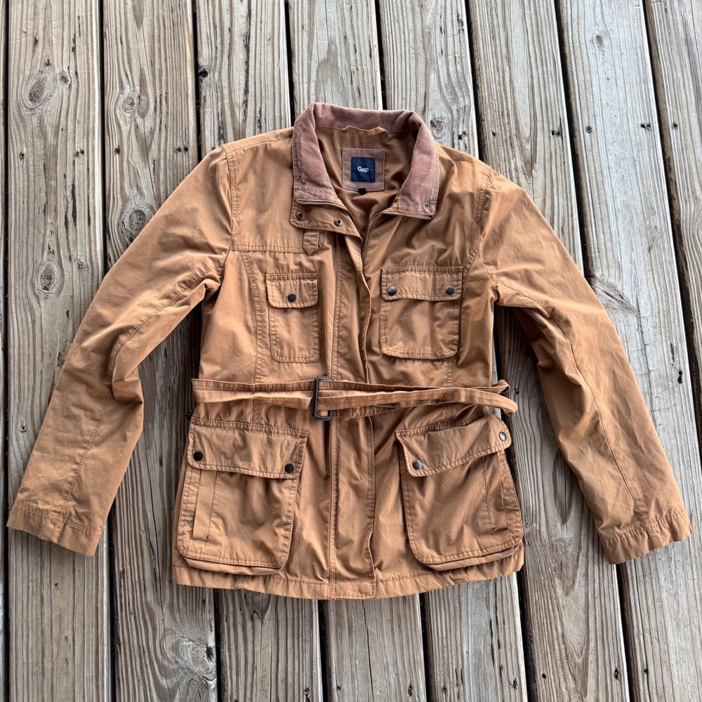 Gap Field Jacket Women Medium Brown Utility Belted Corduroy Collar Safari Coat